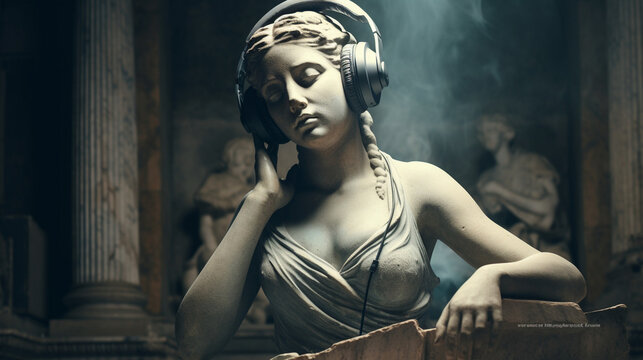A marble statue of a beautiful young girl with braids plays DJ with modern headphones, against a backdrop of Renaissance temple columns and cinematic lighting. Image for a wallpaper or a CD cover
