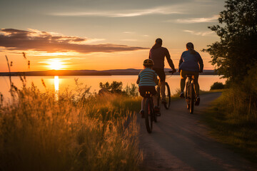 children and parents cycling on the beach in the afternoon, beautiful sunset view
