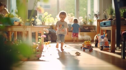 Cute little girl playing with toys in the room on a sunny day - obrazy, fototapety, plakaty