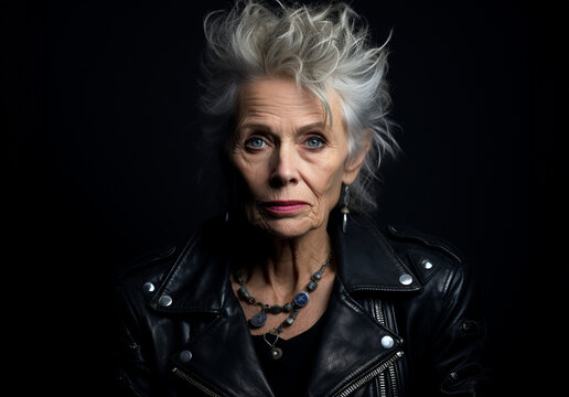 Fototapeta An old woman with spiky white hair and a modern look: leather jacket, makeup and a young rocker or punk attitude, isolated on the black background of a photo studio. A image of aging with style.