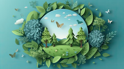 Background illustrations of paper cut signs and symbols to save planet earth, World environment day. AI generated background.