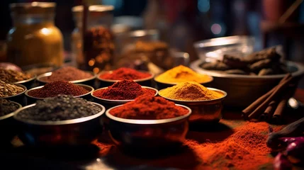 Foto op Plexiglas A colorful display of various spices in an oriental bazaar. The photo shows different types of spices, such as turmeric, paprika, cumin, and cinnamon, arranged in piles or jars. © Domingo