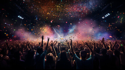 A festive party scene of a large crowd enjoying a night club party with colorful lights from the stage, smoke and confetti. Silhouettes of people dancing and cheering. - obrazy, fototapety, plakaty