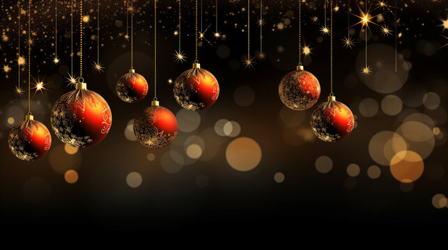 Red christmas balls isolated on dark background with bokeh lights effect. Festive and elegant dark ornaments and decoration for holiday winter season