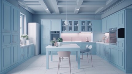 Fototapeta na wymiar A Stylish Kitchen Room with a Fashionable Blend of Pastel, Multicolored and Bright Accents.