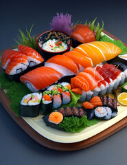 Sushi platter, fresh seafood, colorful presentation, Japanese cuisine, realistic, 1080p --ar 4:3
