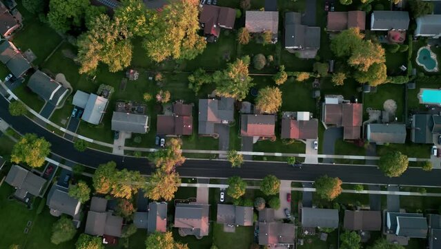 Above top aerial view of colorful trees, residential houses and yards near city . Wide shot footage