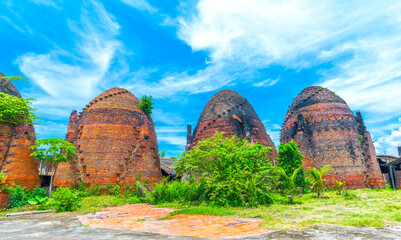 Mang Thit brick kiln in Vinh Long. Burnt clay bricks used in traditional construction of...