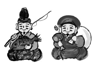 七福神の恵比寿天と大黒天の手描き和風イラスト