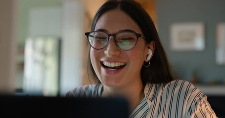 Video call, computer and happy woman walking with remote work and online conference in a home. Talking, working and digital seminar with a female freelancer with website, presentation and web meeting