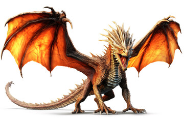 Image of a dragon with spread wings in flight on a white background. Mythical creatures. Illustration, Generative AI.