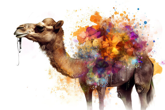 Image of a camel surrounded by colorful tropical flowers. Wildlife Animals. Illustration, Generative AI.