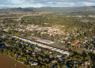 Temporary Residential portable housing,white buildings ,in The New South Wales town of  Mullumbimby afrer server flooding.