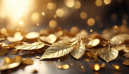 Gold autumn leaves with glitter. Blurred background in brown and golden tones. 