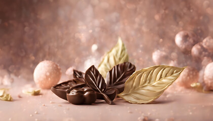 Party Chocolates. Chocolate leaves and praline on brown background. Close-up elegant decadent composition. Gorumet fall aesthetic background with copy space