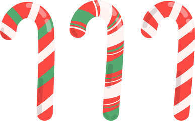 Bundle set of isolated pepermint cane red white green stripe candy for holiday season christmas graphic element