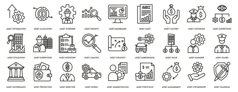 Asset management icon set. Contains such icons as audit, investment, business, stability and more, can be used for web