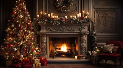 Christmas scene background wallpaper, Beautiful Christmas tree inside home, Christmas tree near fireplace, Generative Ai