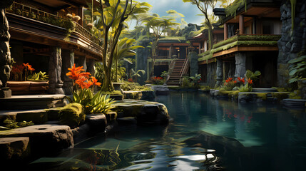 Fototapeta na wymiar Balinese Style Villa with Aling-Aling Waterfall