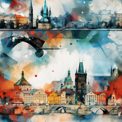 European Czech Prague travel art collage repeat pattern