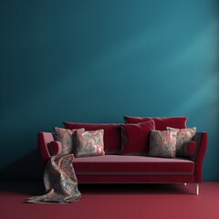 A Modern maroon Sofa with Plush Cushions Against a blue Background.