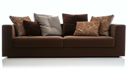 Modern Chocolate Sofa With cushions Isolated on White Background.