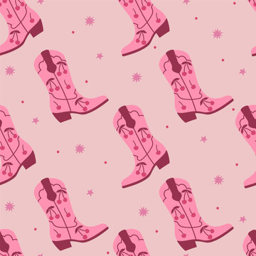 Trendy pink seamless pattern with cowboy boots. Vector graphics.