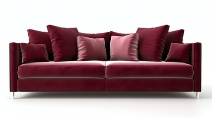 Modern Maroon Sofa With cushions Isolated on White Background.