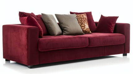 Modern Maroon Sofa With cushions Isolated on White Background.