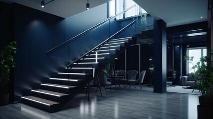 Obraz premium Navy Blue Staircase in a Modern Business Center A Striking Architectural Feature.