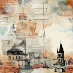 European Czech Prague travel art collage repeat pattern - obrazy, fototapety, plakaty