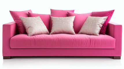 Modern Pink Sofa With cushions Isolated on White Background.
