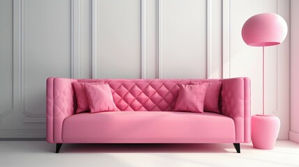 Modern Pink Sofa With cushions Isolated on White Background.