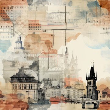 European Czech Prague travel art collage repeat pattern