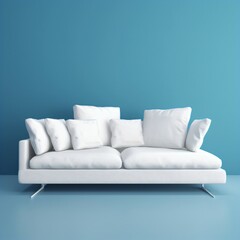 Modern White Sofa With cushions Isolated on Blue Background.
