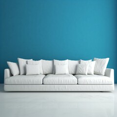 Modern White Sofa With cushions Isolated on Blue Background.