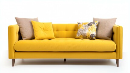 Modern Yallow Sofa With cushions Isolated on White Background.