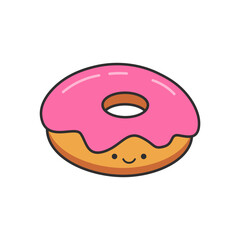 Cute donut with pink glaze on white background. Vector illustration.