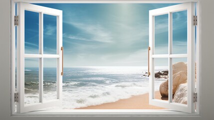  Open White Window with a View of Ocean Waves.