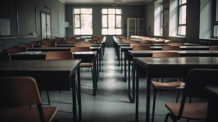 Empty Classroom of Tables, Chairs, and a Blackboard, with a Subtle Blurred Background.