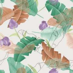 Foto op Plexiglas Floral seamless pattern, purple tulips and banana leaves on brown © momosama