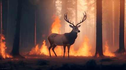 deer in the burning forest, burning habitat 