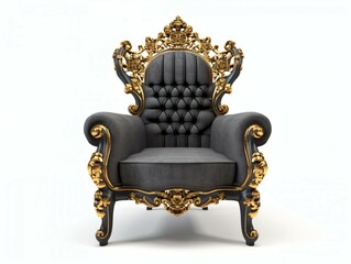 Royal Throne Luxurious Charcoal Chair with Ornate Carved Golden Legs on White Background.