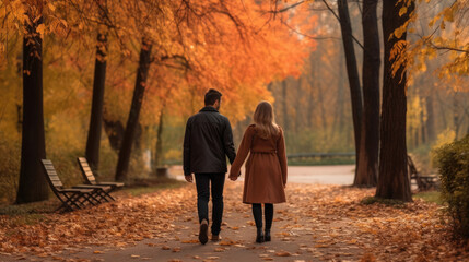 Couple in love holding hands on a walk in the park in autumn.