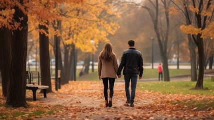 Couple in love holding hands on a walk in the park in autumn.