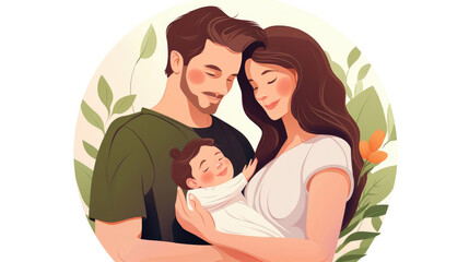Obraz premium Happy family with newborn baby. Young parents and newborn son in hands. Mother, father holding infant together with love. Parenthood concept. Flat illustration isolated on white background
