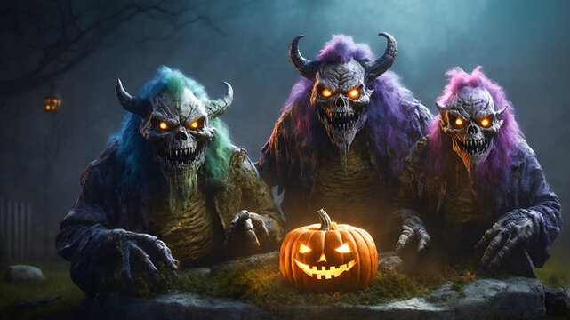 Halloween scary devil monsters with pumpkins