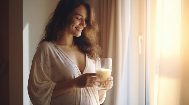 Happy pregnant woman drinking milk at the window in the bedroom