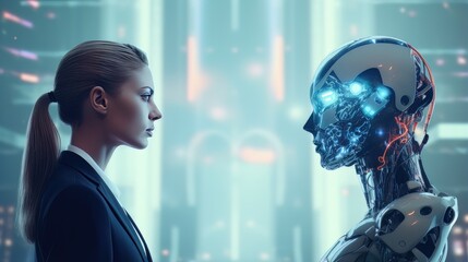 Human VS Artificial Intelligence Concept, Businesswoman and Robot Heads Facing Each Other on Neon Light Background.