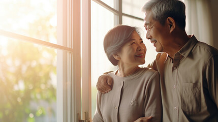 Happy bonding loving Asian middle aged senior retired couple standing near window, looking in distance, recollecting good memories or planning common future - obrazy, fototapety, plakaty